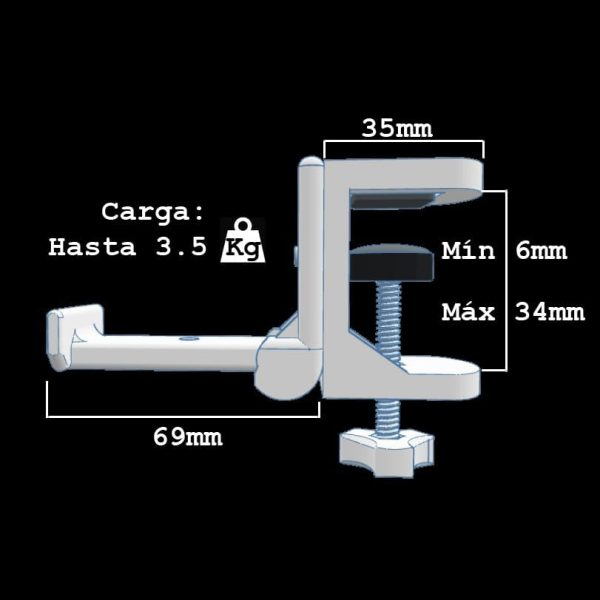 Imagen que muestra el Soporte Auriculares para Mesa, Seguro y Resistente con las dimensiones marcadas. El ancho de la abrazadera está etiquetado como 69 mm. La apertura vertical va desde un mínimo de 6 mm hasta un máximo de 34 mm. El ancho del brazo está marcado como 35 mm. Este soporte para auriculares plegable de color blanco puede soportar una carga de hasta 3 kg y cuenta con almohadillas protectoras de goma para proteger su escritorio.