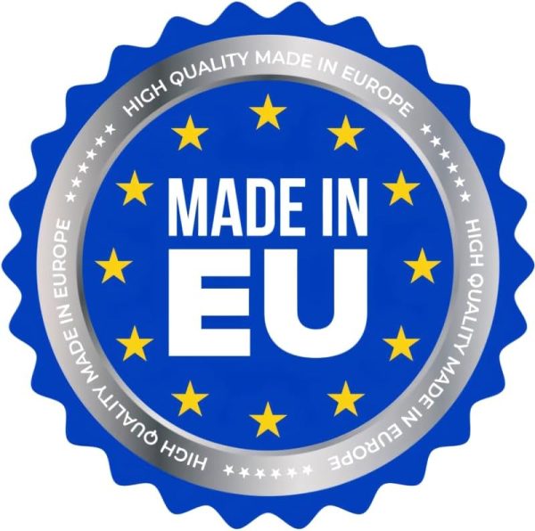 Un sello azul con borde ondulado, que presenta un círculo de estrellas amarillas y el texto "MADE IN EU" en el centro. Alrededor del borde exterior, el texto "ALTA CALIDAD MADE IN EUROPE"