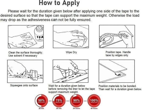 El gráfico instructivo, titulado "Cómo presentar la solicitud", muestra cómo utilizar el Soporte para Auriculares y Cascos Universal en Mesa. Los pasos incluyen: limpiar la superficie, secarla, colocar la cinta adhesiva para el soporte de los auriculares, usar una escobilla de goma para eliminar las burbujas de aire, esperar el tiempo recomendado para garantizar el máximo peso de soporte y unir los materiales. Debajo de estos pasos se proporciona un cronograma.