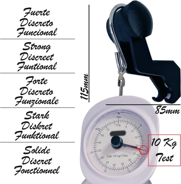 Imagen de una báscula portátil con gancho de 115 mm de alto y 85 mm de ancho. El dial indica una capacidad de 35 kg o 77 lbs. El texto circundante describe la báscula en varios idiomas, destacando su solidez, discreción y funcionalidad. El texto rojo dice "Prueba de 10 kg". El producto está etiquetado como "Generic Soporte Casco de Moto de Pared, Percha Casco de Motocicleta, Perchero para Casco de Moto, Helmet Wall Mount Stand, Soporte de Almacenamiento para Casco (Negro x2).