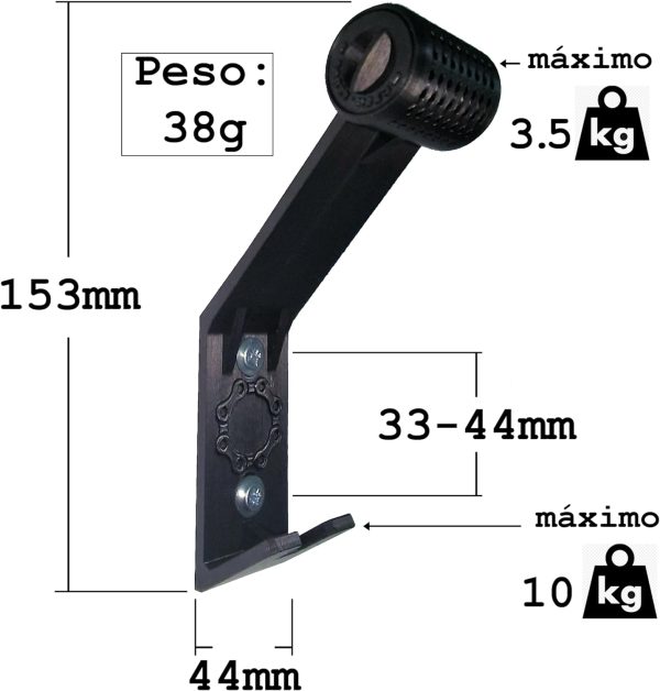 El Soporte Casco Moto Pared Deshumidificador es un soporte de metal negro con orificios de montaje, con dimensiones etiquetadas y capacidad de peso. Mide 153 mm de alto, 44 ​​mm de ancho y tiene una sección ajustable que oscila entre 33 y 44 mm. Con un peso de 38 g, este soporte puede soportar una carga máxima de 3,5 kg en una dirección y hasta 10 kg en la otra.